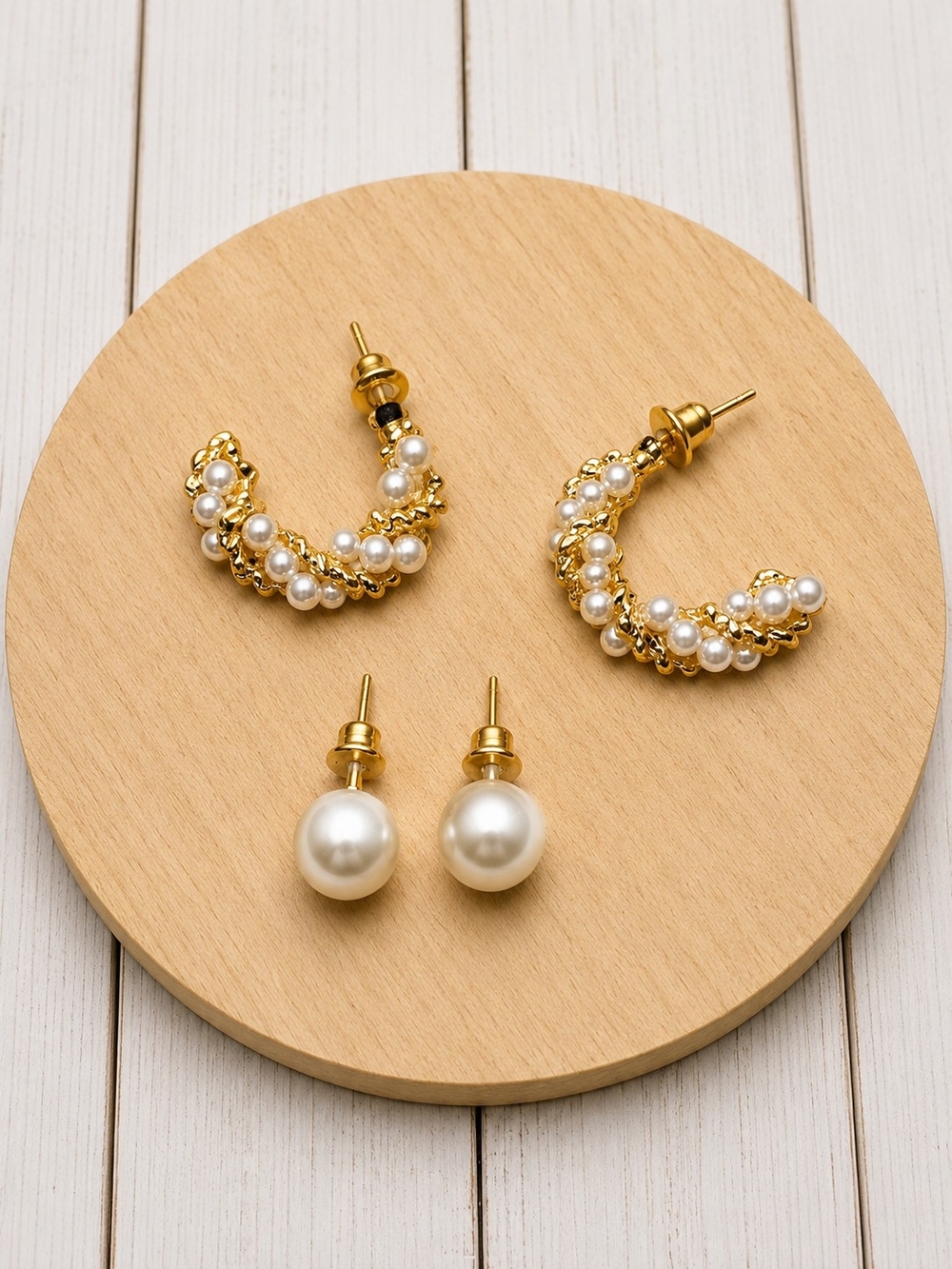 Gold and Pearl Hoop & Stud Earring Set - Elegant Women Jewelry